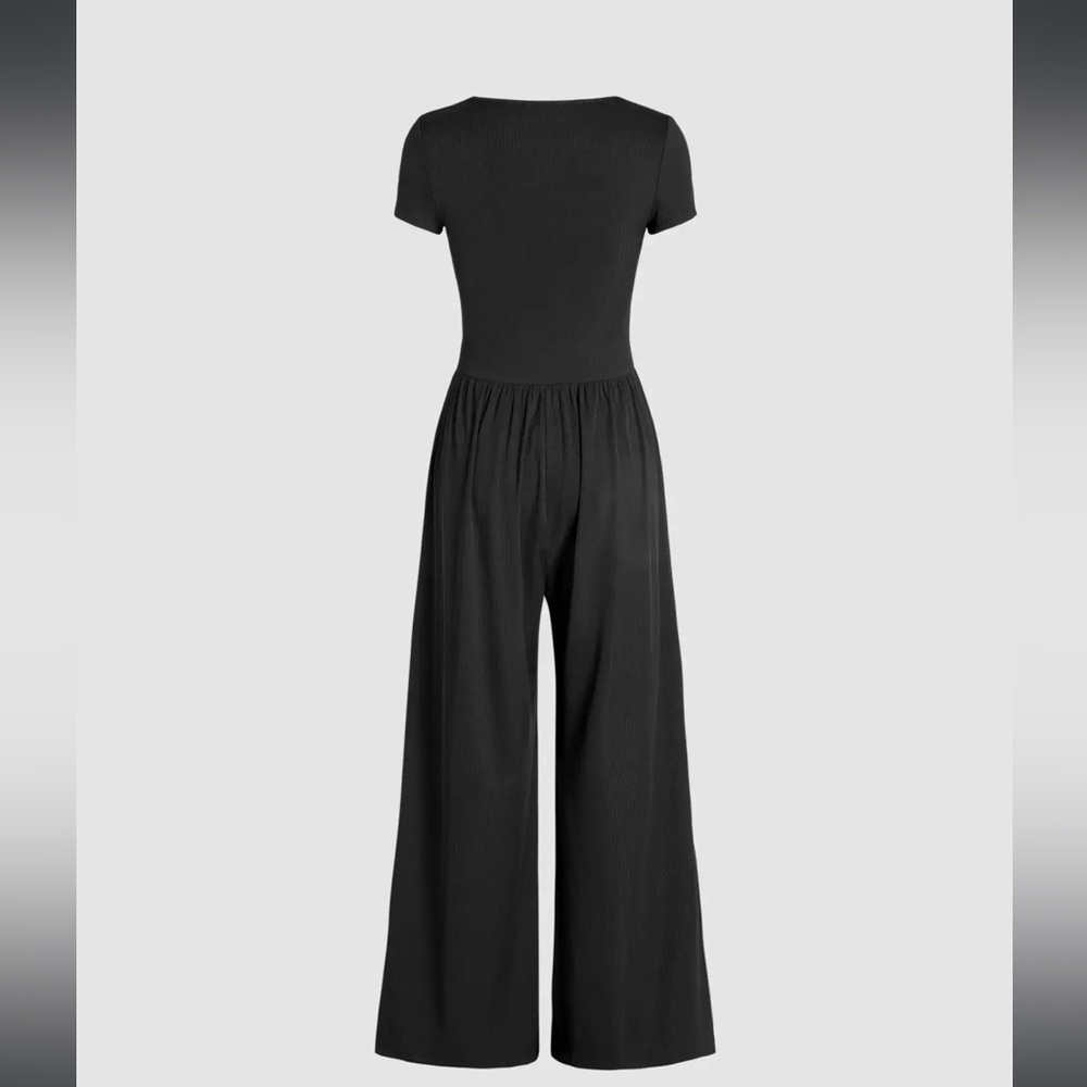 CIDER SCOOP NECK SHORT SLEEVE WIDE LEG RIBBED JUMPSUIT SZ M BLACK W/ POCKETS - Picture 2 of 11